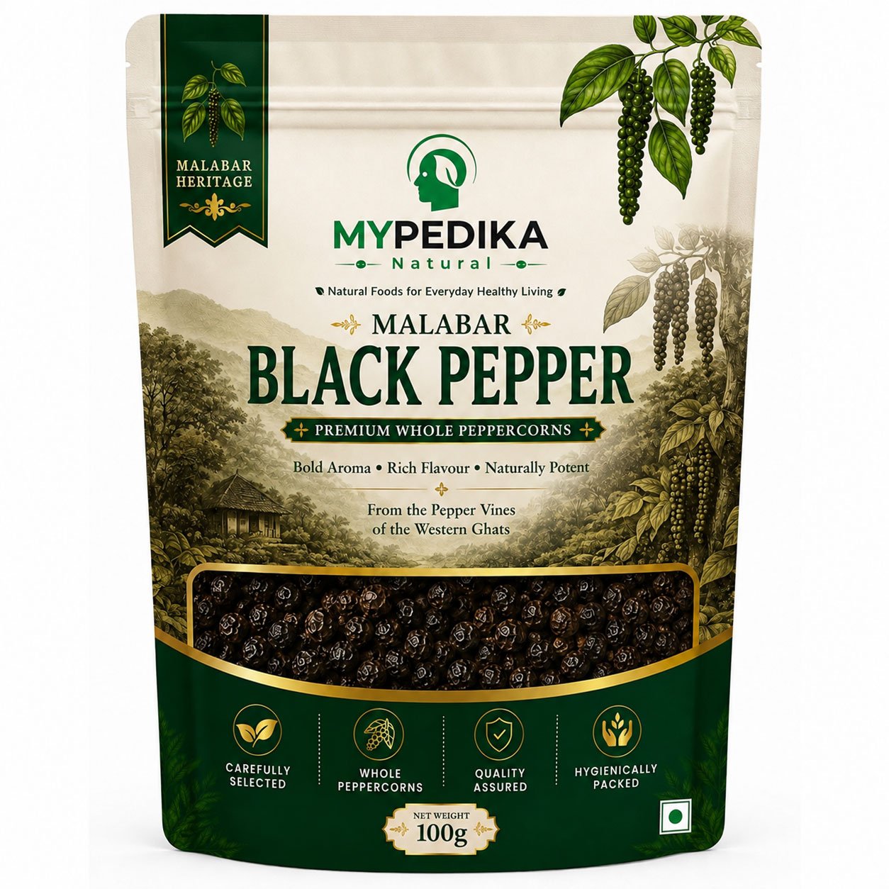 MYPEDIKA Malabar Black Pepper | Premium Whole Peppercorns | 100 g